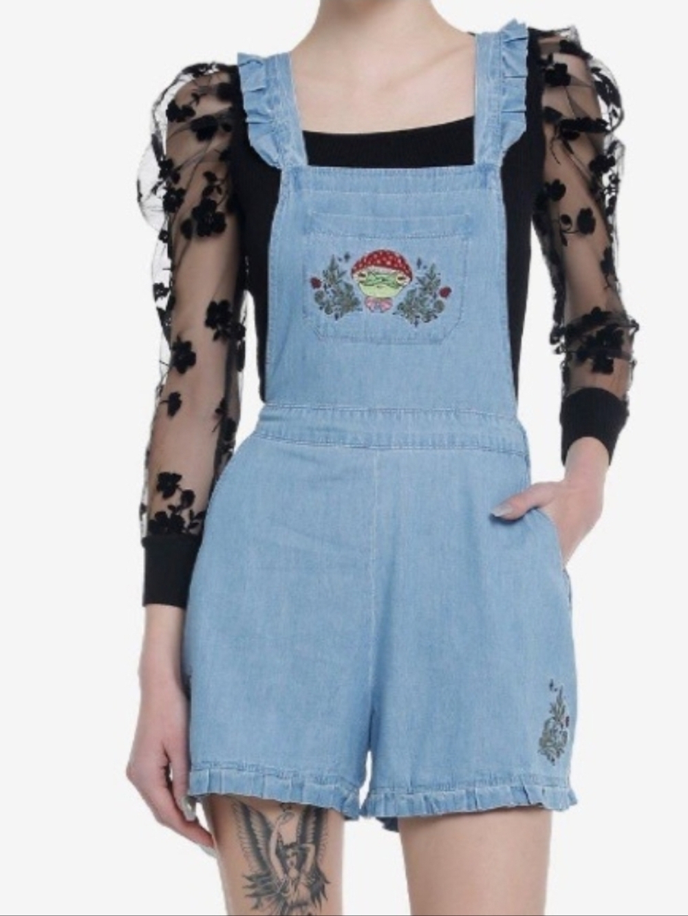 SOLD ‼️Hot Topic Frog with Mushroom Hat Ruffled Chambray Shortalls.‼️SOLD